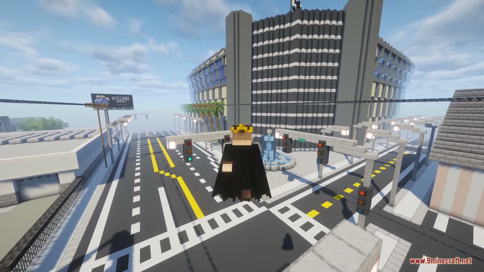 A Minecraft character wearing a crown and a black Batman cape on a street