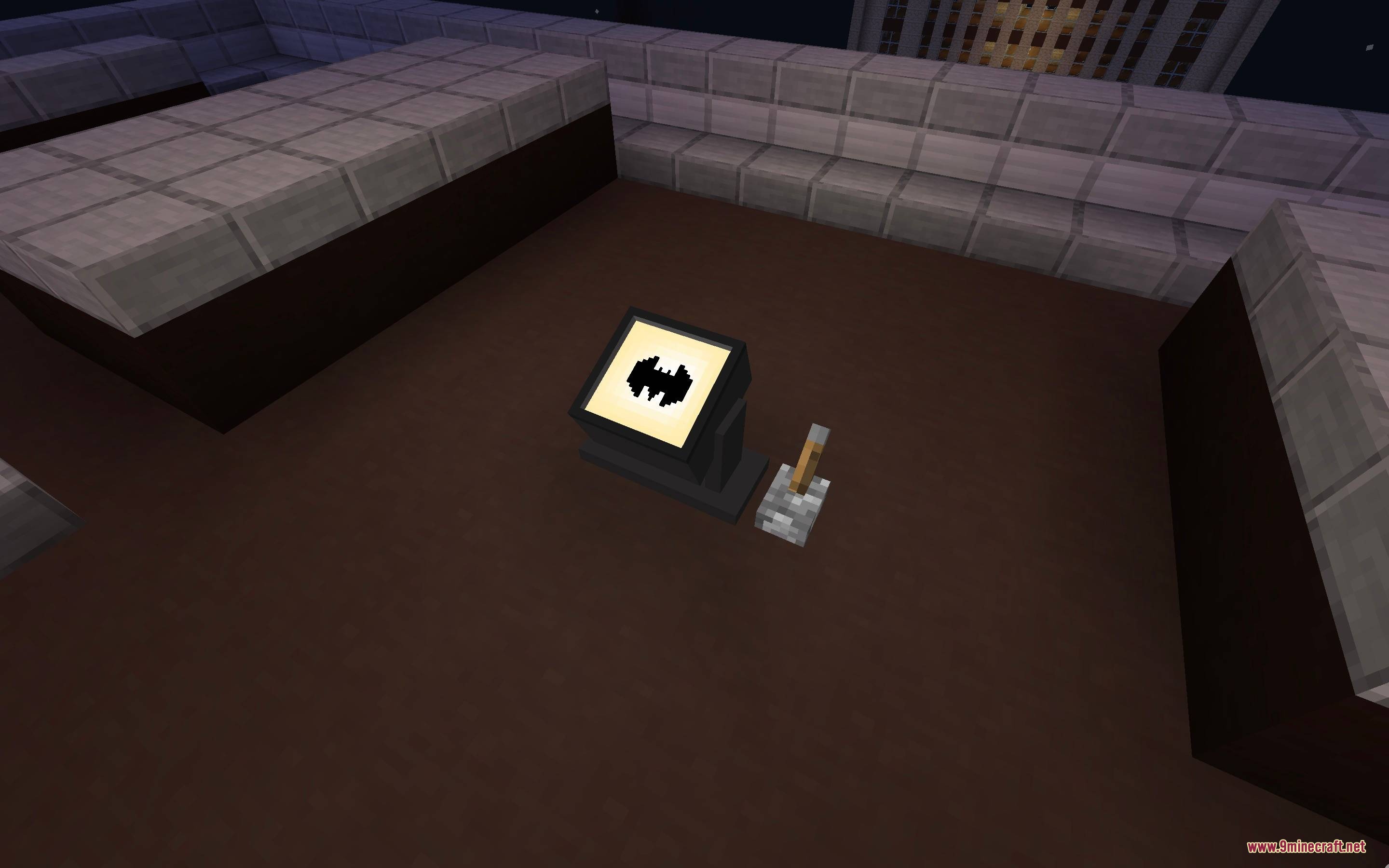 Batman by Yo Fadda Mod Screenshot 1 A Bat Signal block and a lever on a dark city rooftop