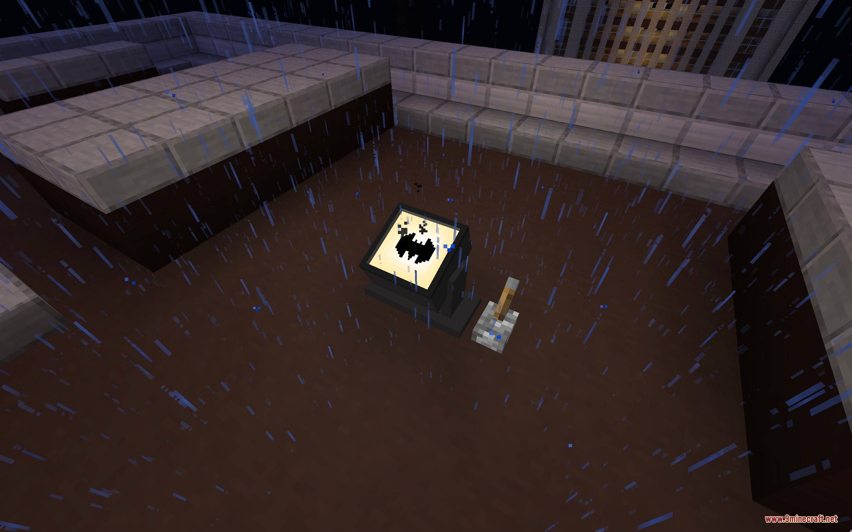 Batman by Yo Fadda Mod Screenshot 3 A Bat Signal block activated by a lever on a rainy rooftop