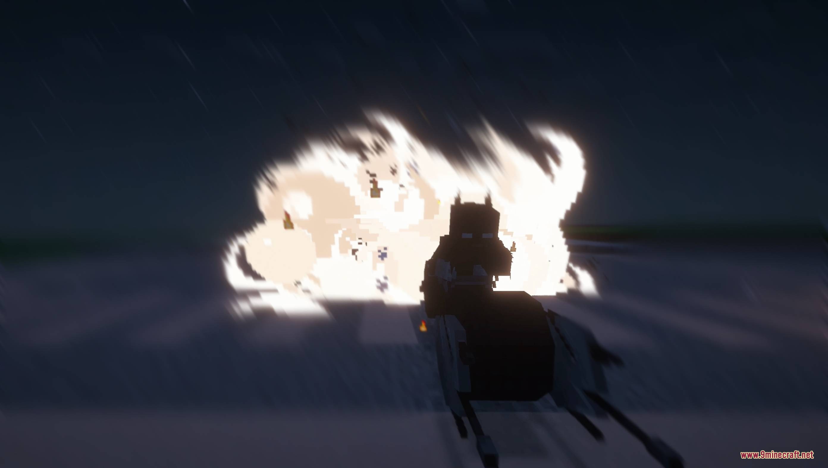 Batman by Yo Fadda Mod Screenshot 6 Batman rides the Batpod toward a massive explosion in the dark night