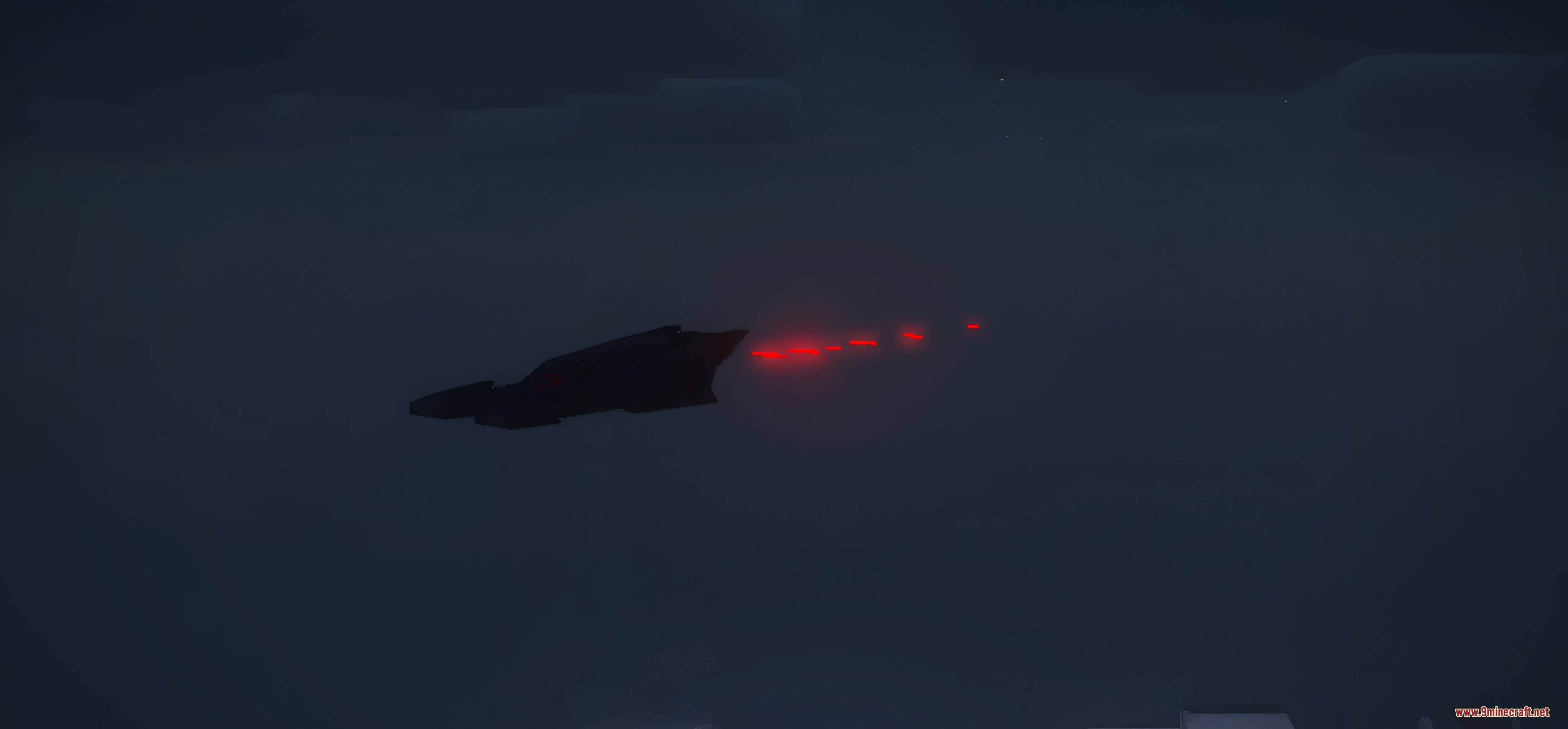 Batman by Yo Fadda Mod Screenshot 8 A futuristic flying vehicle traveling through a dark and foggy Minecraft atmosphere