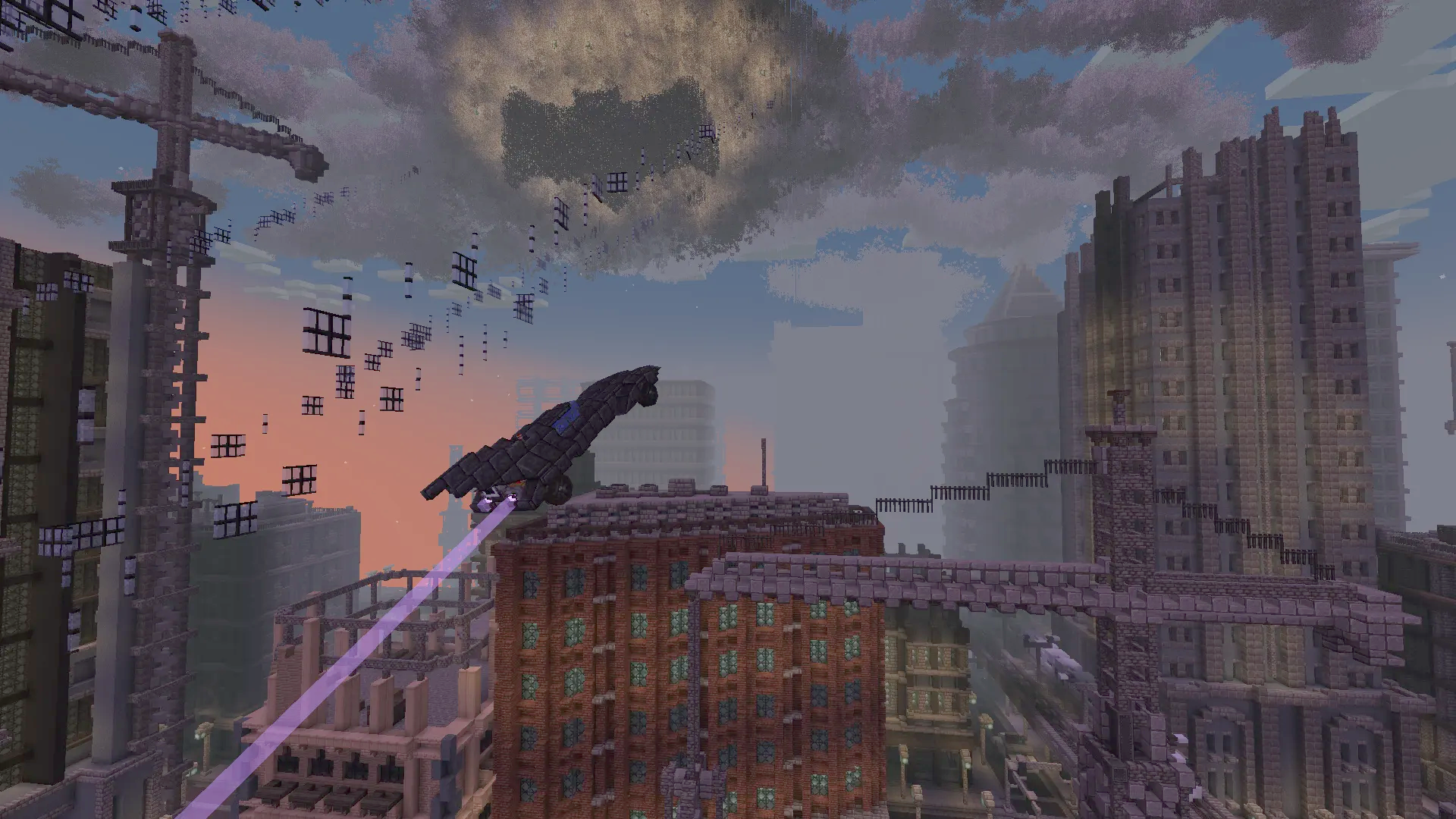 Batmobile Batman Returns Schematic Screenshots 1 A black vehicle flying over a city with a bat signal in the sky