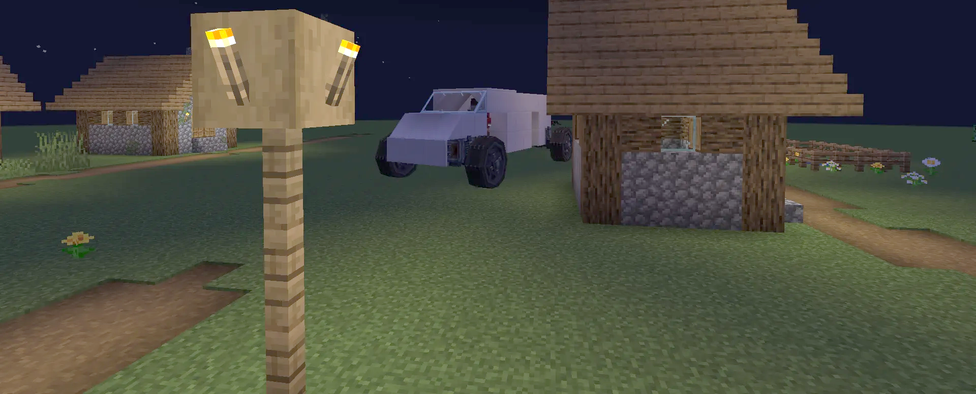 Car Schematic Screenshots 1 A simple white car parked near wooden houses in a village