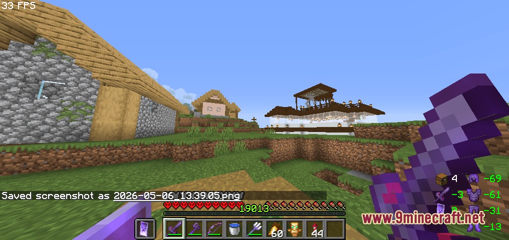 Become God of PvP Pack Resource Pack Screenshot 5 Player holding a purple sword in a village using Become God of PvP Pack