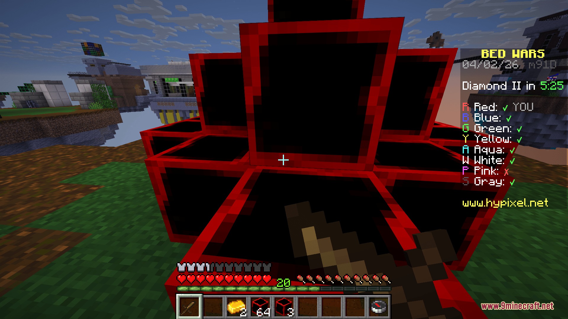Bed Wars Texture 16x16 Pixel Resource Pack Screenshot 2 Red team player holding a wooden sword near blocks with red outlines