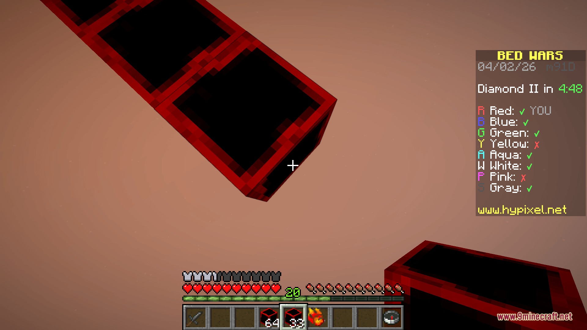Bed Wars Texture 16x16 Pixel Resource Pack Screenshot 3 Minecraft player holding red blocks while standing on a bridge in Bed Wars