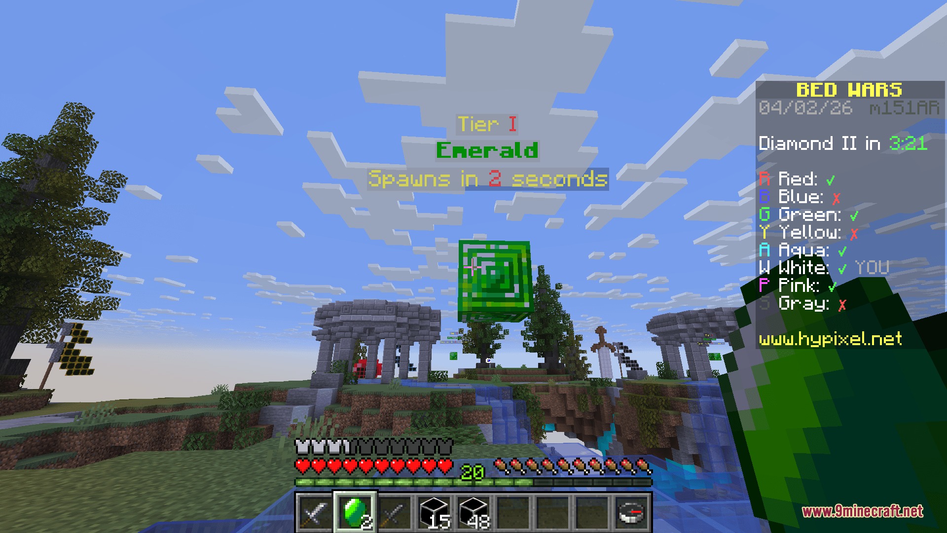 Bed Wars Texture 16x16 Pixel Resource Pack Screenshot 6 An emerald generator spawning resources on a grassy island in Minecraft