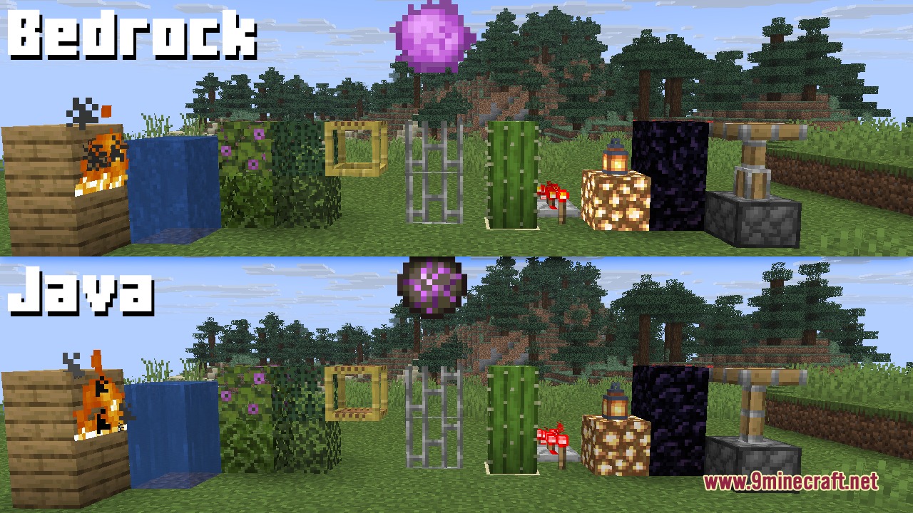 Bedrock Flavor Resource Pack Screenshot 2 Visual comparison of block textures and particles in Bedrock and Java editions