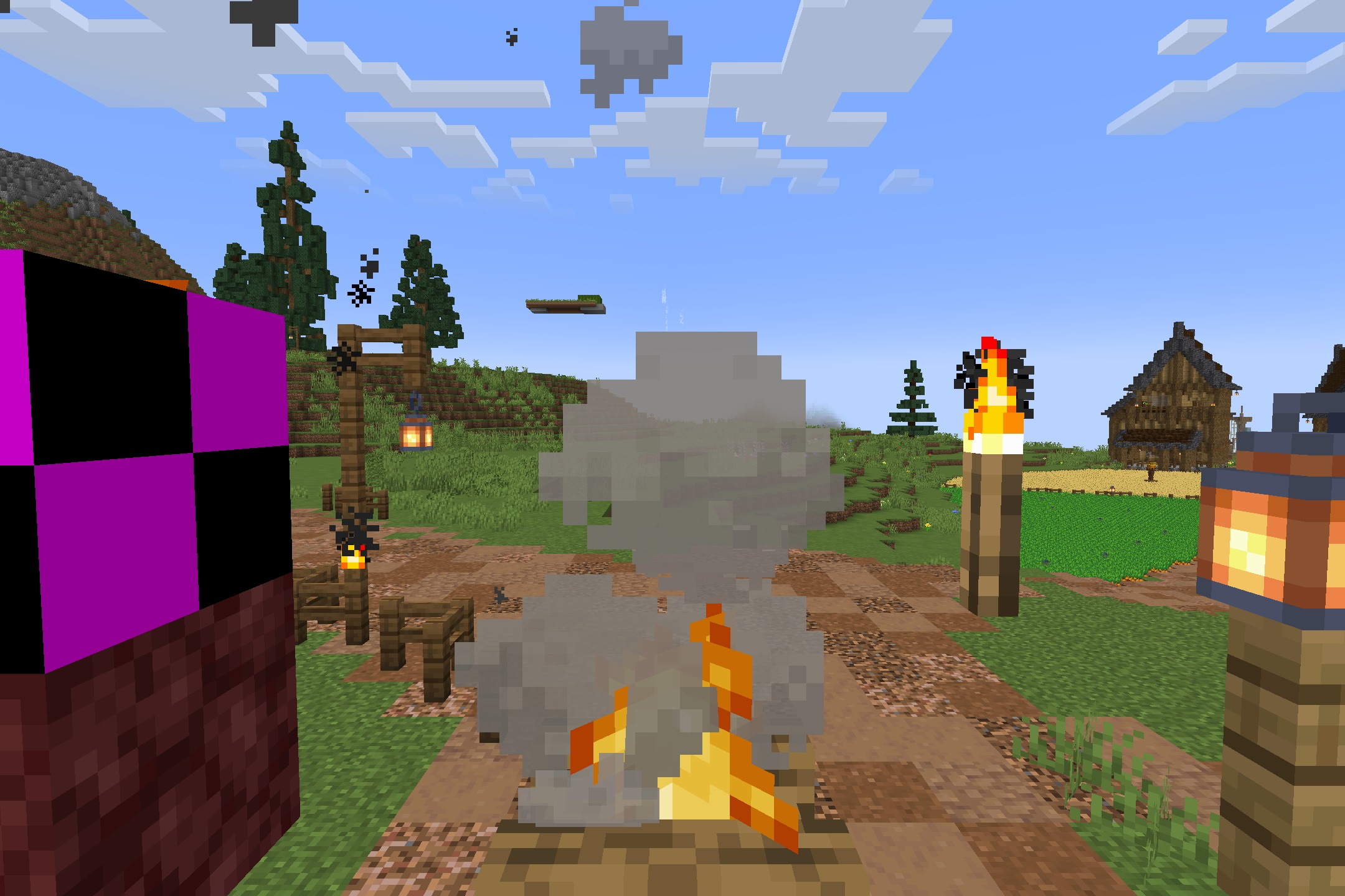 Bedrock Flavor Resource Pack Screenshot 4 A campfire emitting smoke particles next to a torch and a lantern