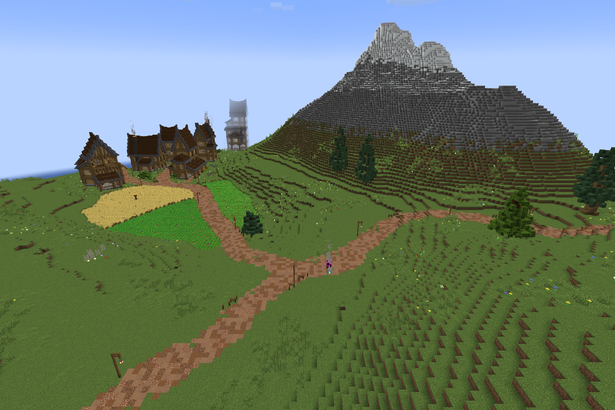 Bedrock Flavor Resource Pack Screenshot 6 Small village with wooden houses and wheat fields near a large mountain