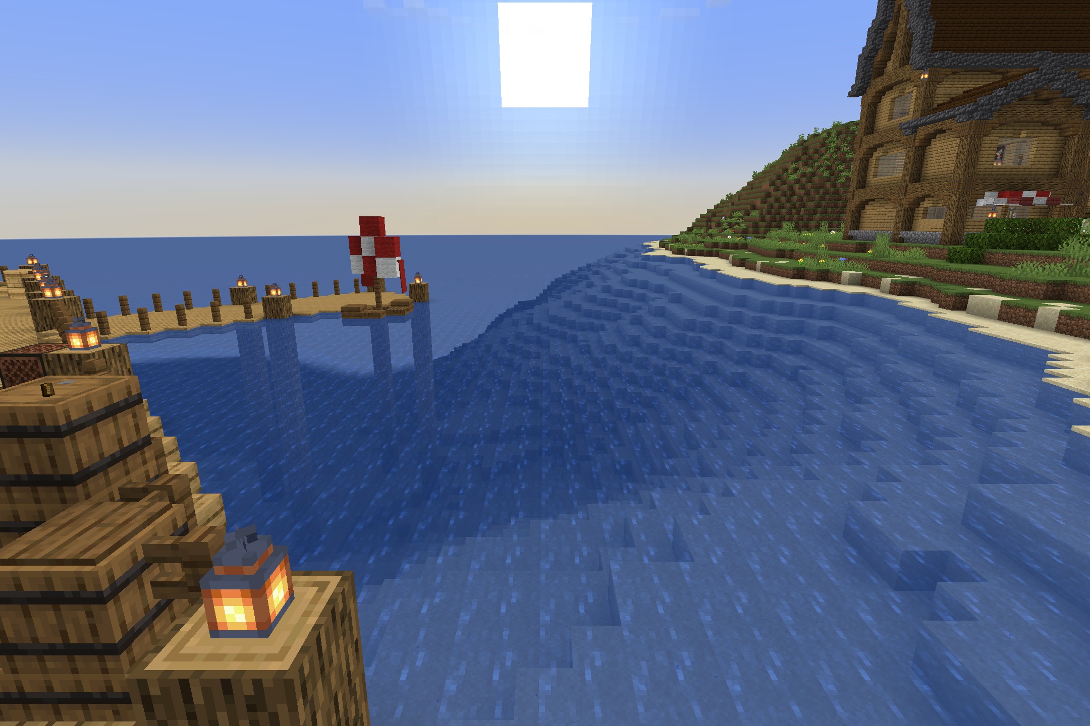 Bedrock Flavor Resource Pack Screenshot 8 Bright sunlight reflects on the ocean water near a wooden pier and boat