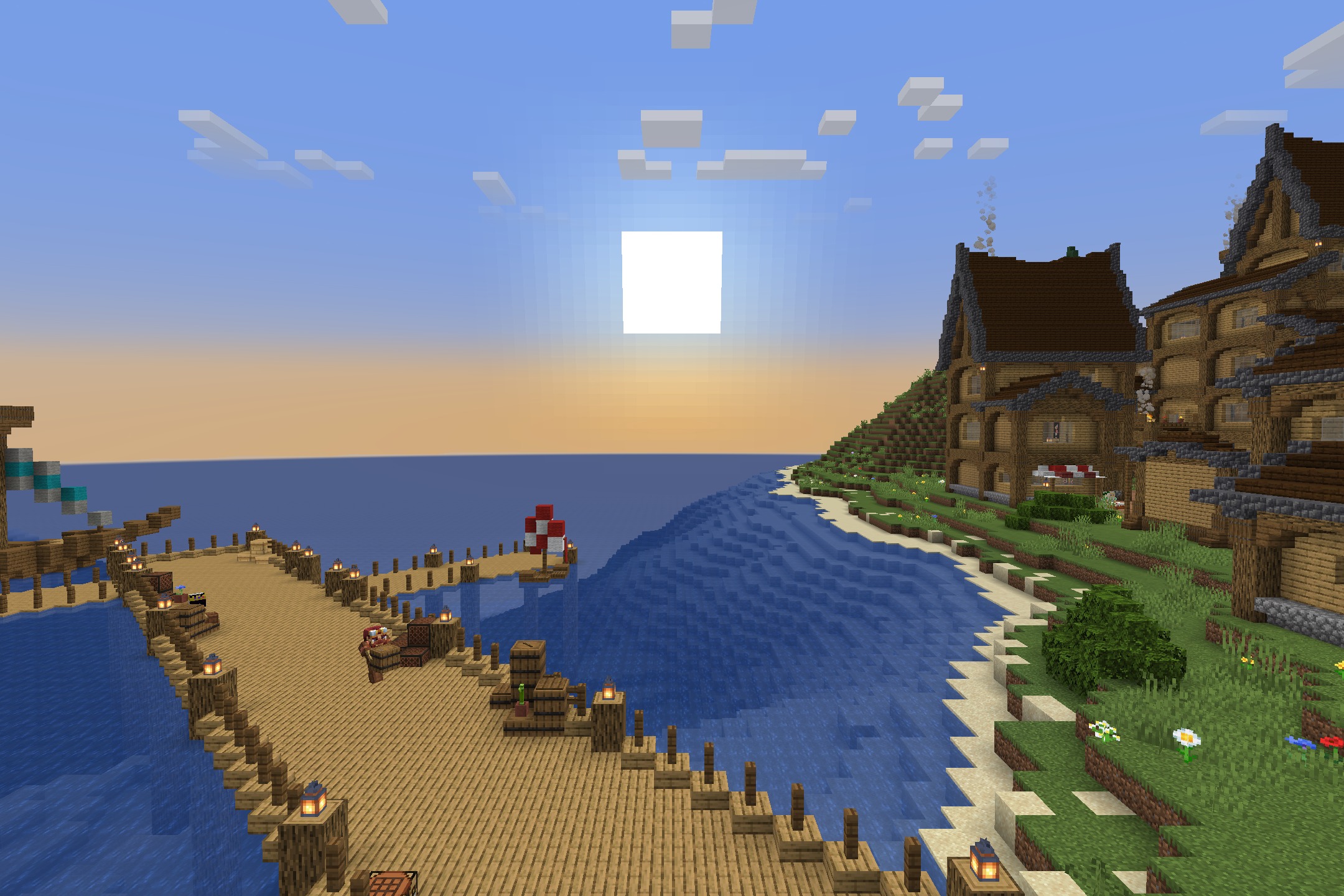Bedrock Flavor Resource Pack Screenshot 9 A wooden pier and coastal buildings under a bright square sun