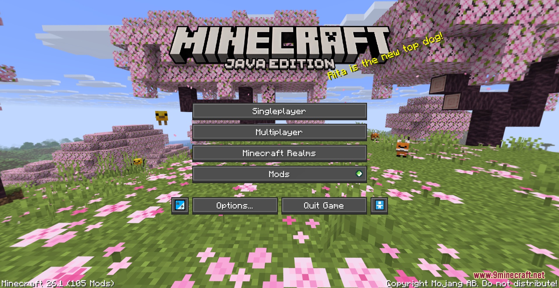 Minecraft main menu with dark buttons and cherry blossom background