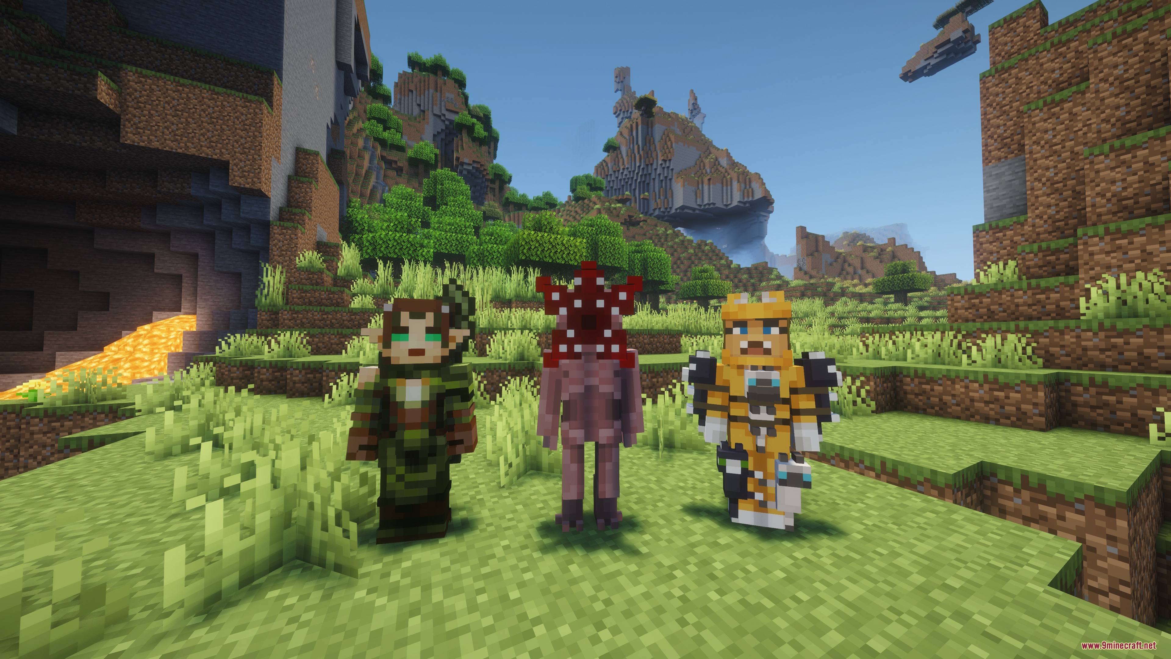 Bedrock Skins Mod Screenshot 1 Three players showcasing custom character models and skins in a grassy biome