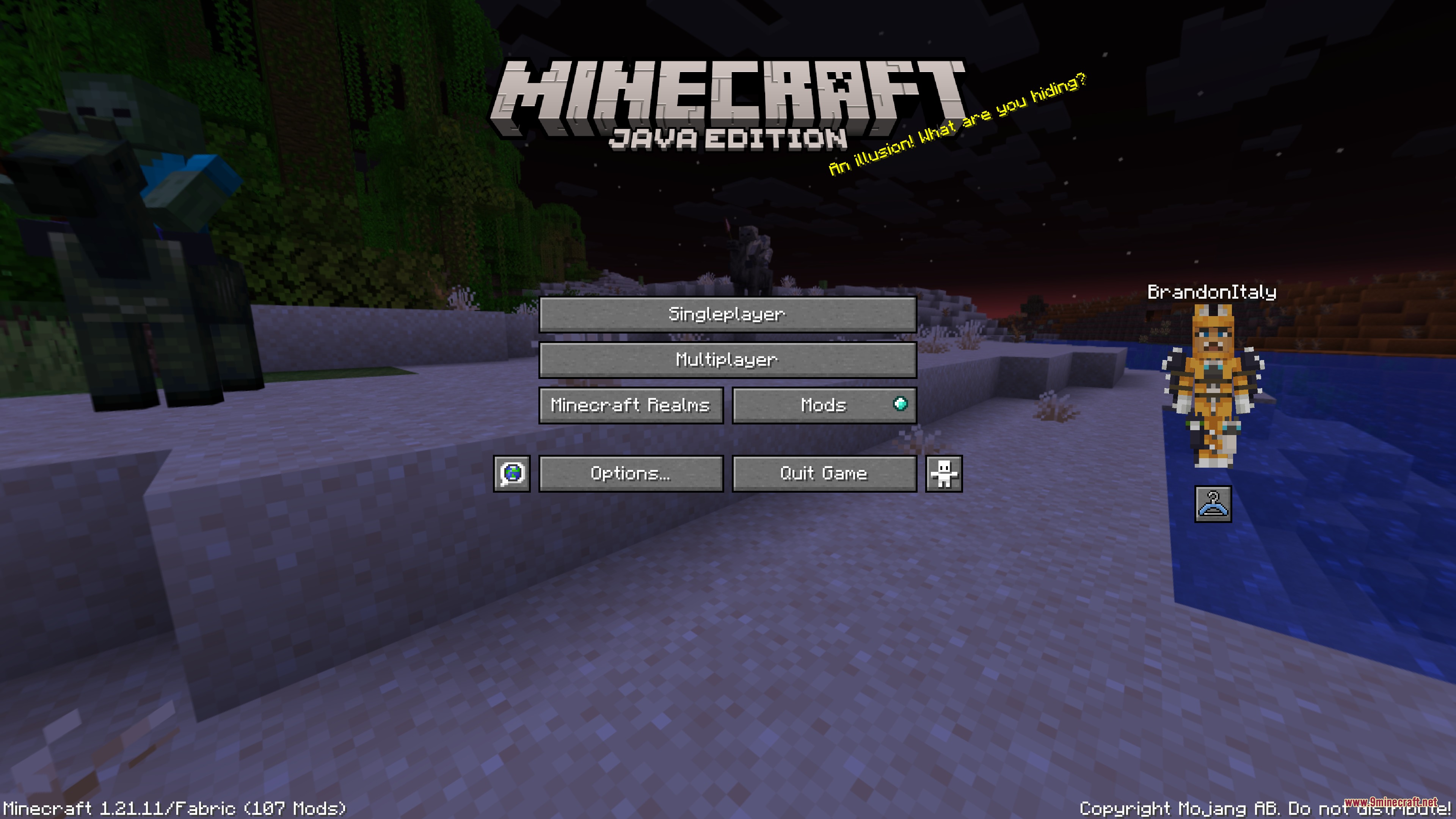 Bedrock Skins Mod Screenshot 3 Minecraft main menu screen displaying a custom character skin and skin picker icon