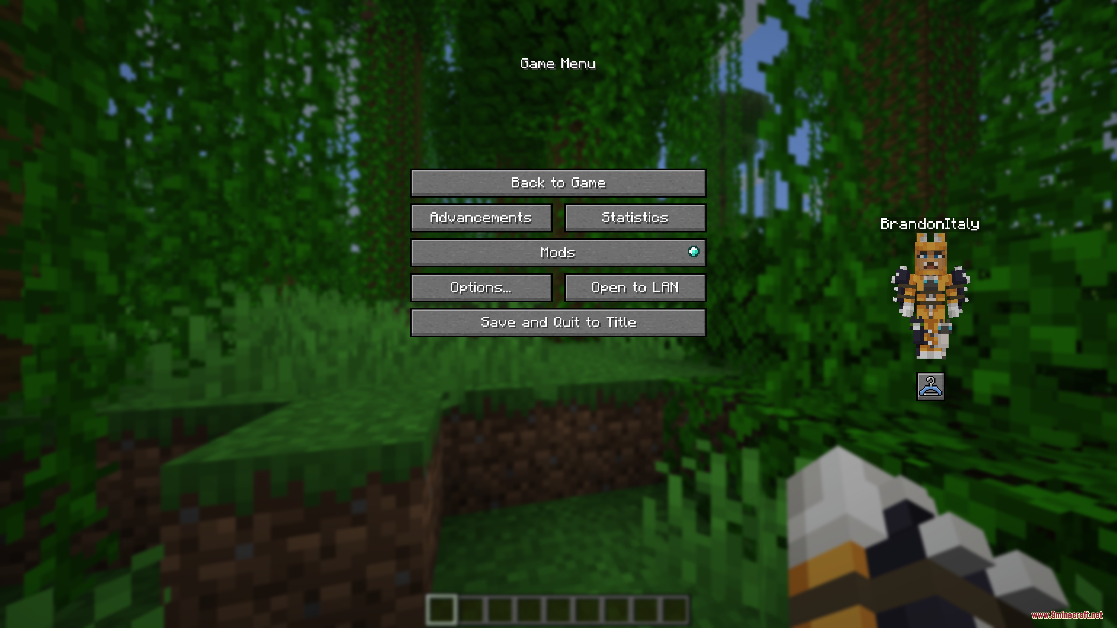 Bedrock Skins Mod Screenshot 4 Pause menu screen showing a custom character model with a jungle biome background