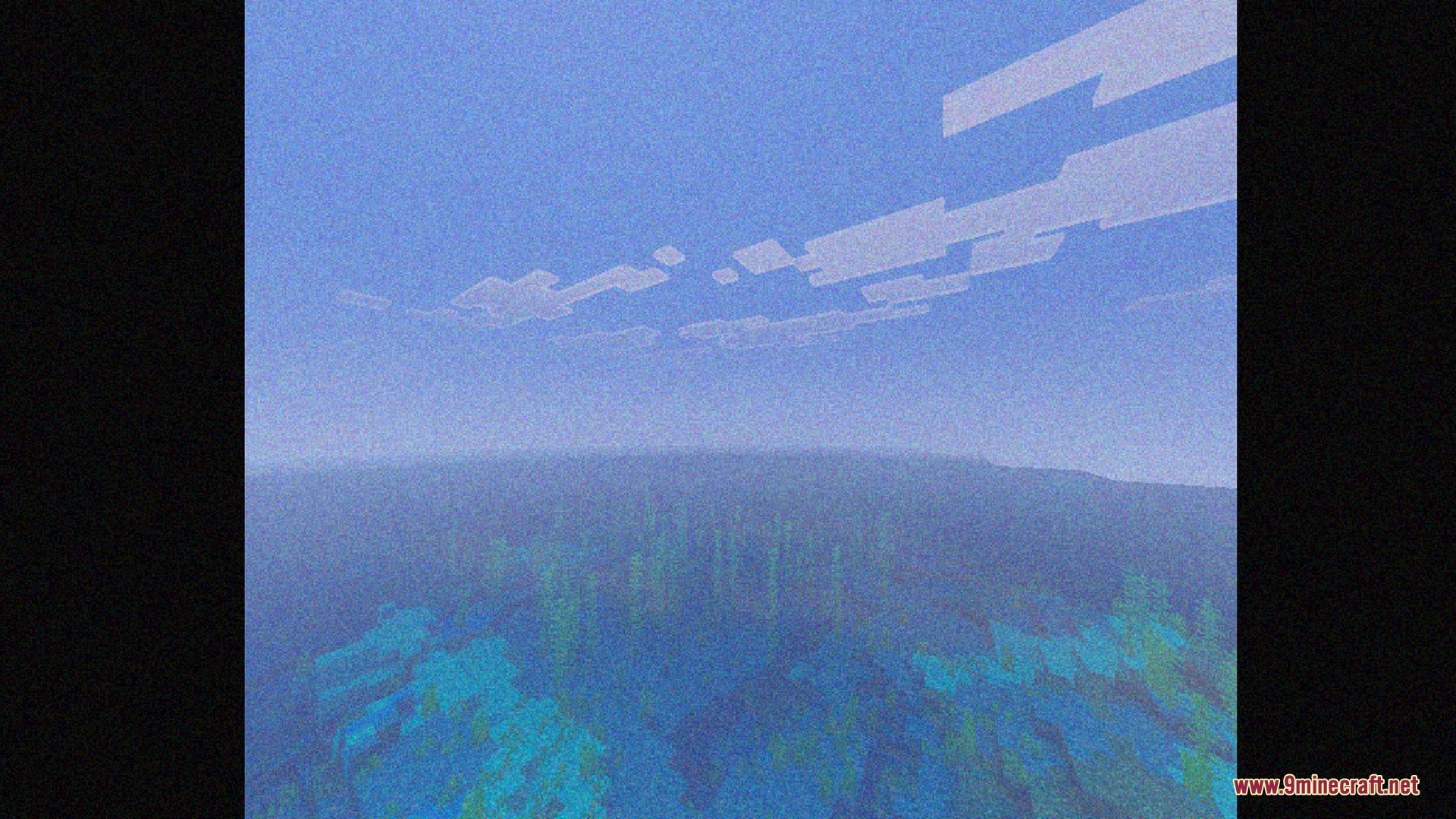 A grainy view of a Minecraft ocean with kelp under a blue sky