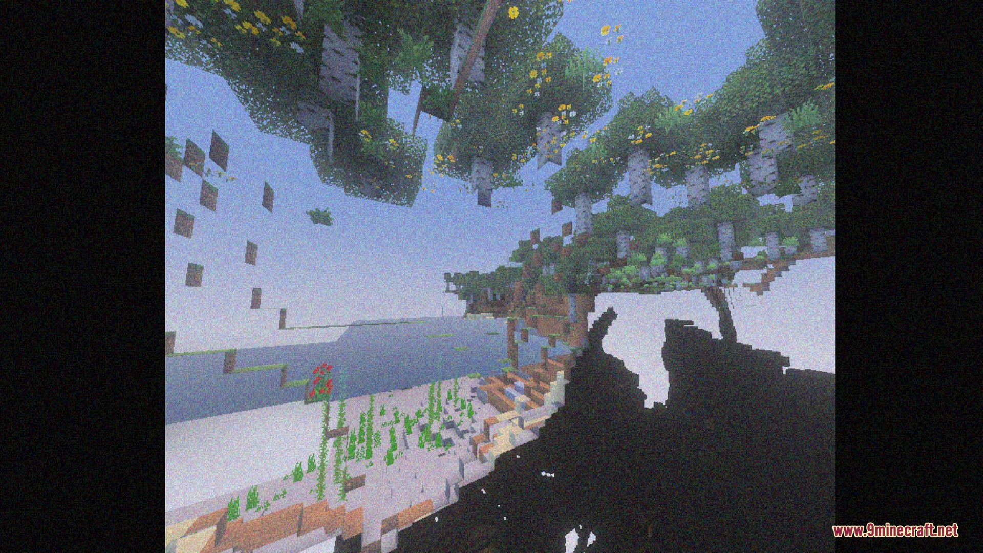 Grainy retro filter applied to a Minecraft landscape with floating islands and trees