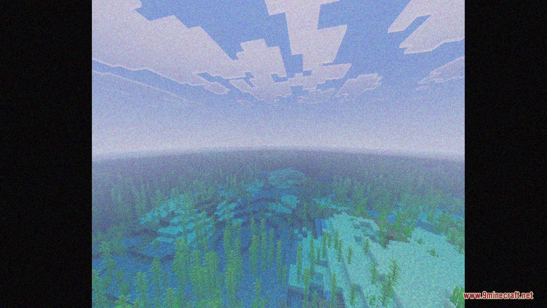 Underwater kelp and coral reefs seen through a grainy VHS video filter