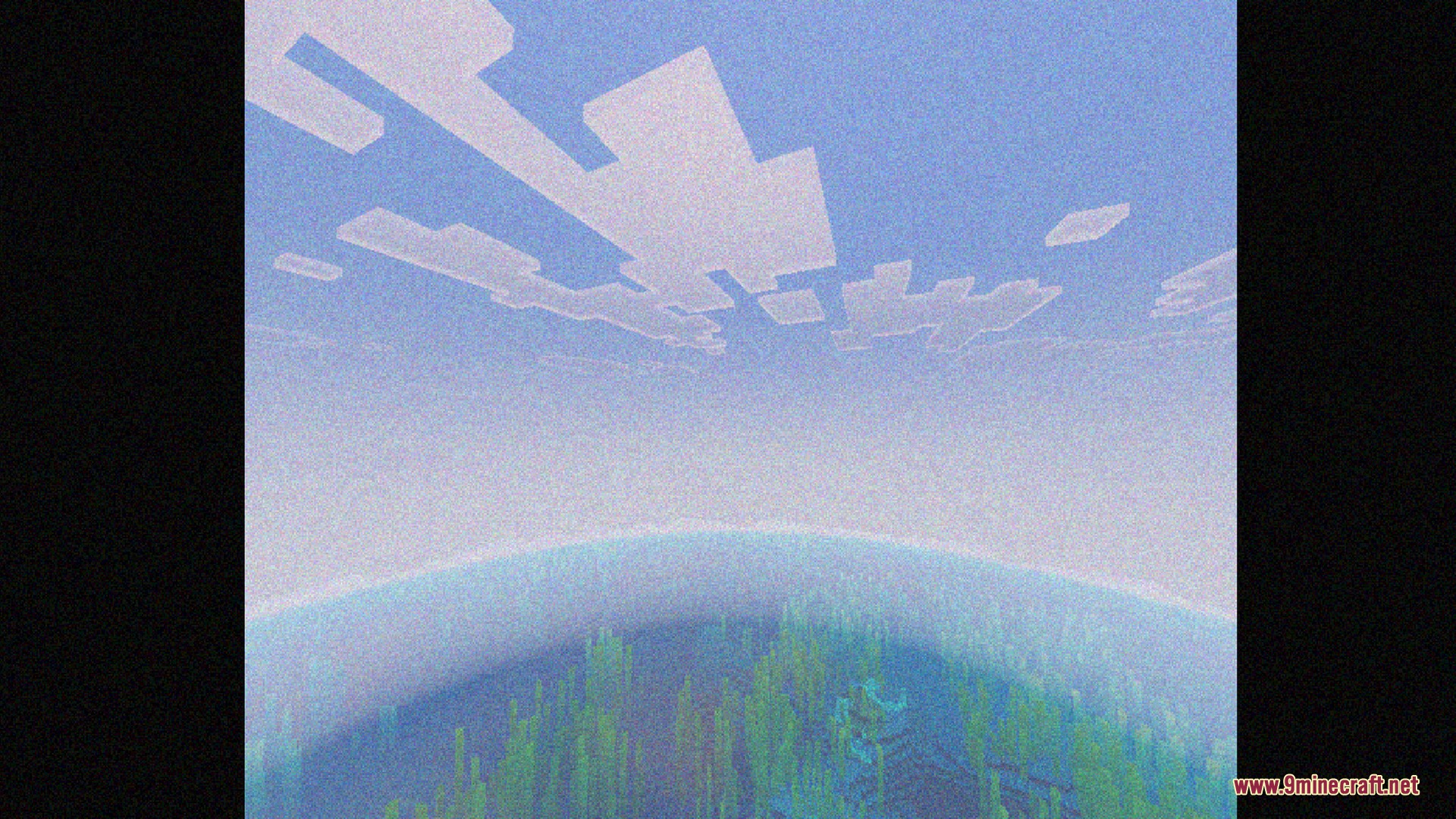 A vast Minecraft ocean landscape with a retro video tape visual effect