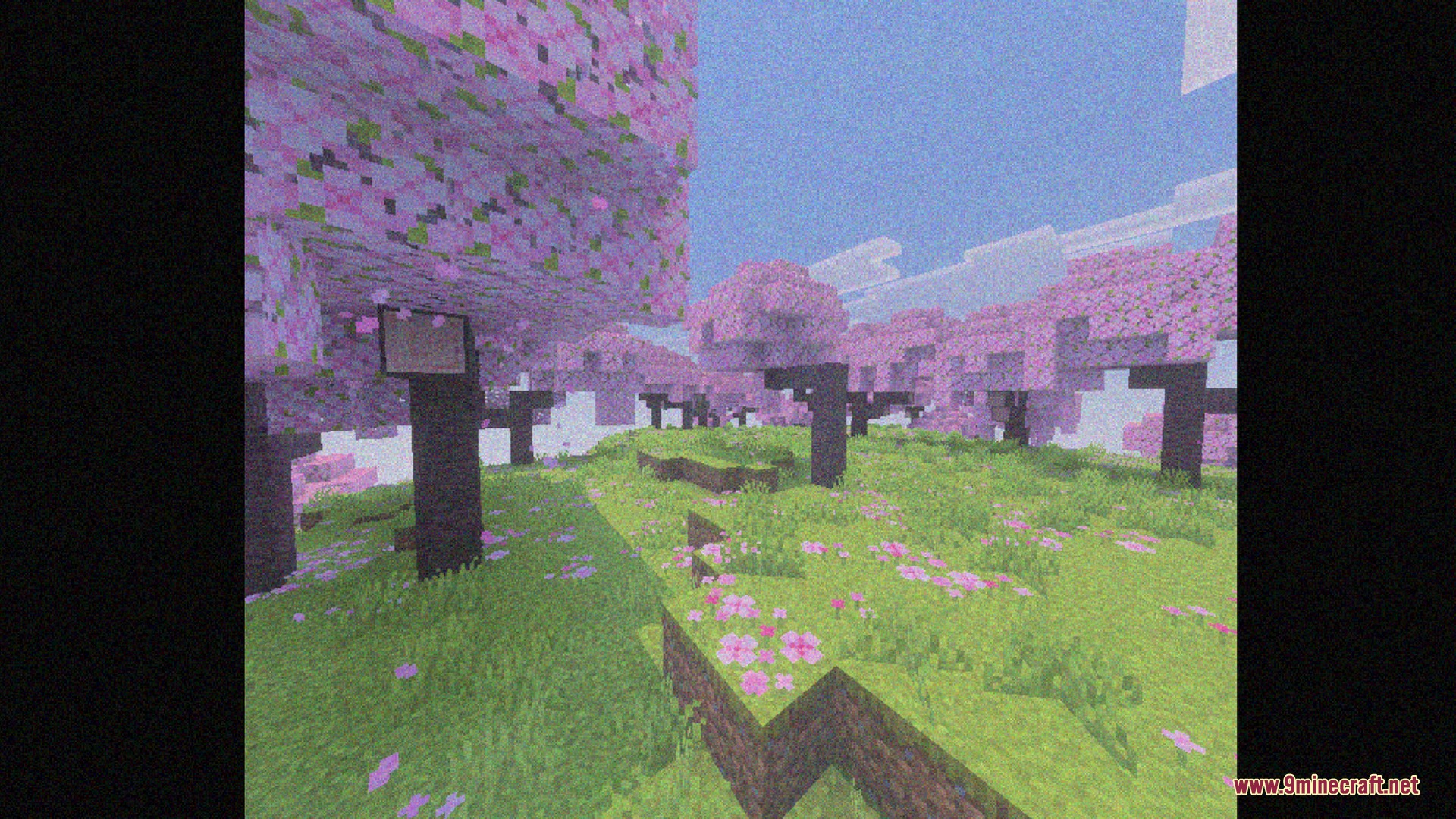 Pink cherry blossom trees in Minecraft with a vintage VHS camera filter effect