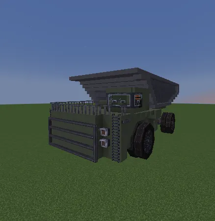 Belaz 7558 Schematic Screenshots 1 A large green Belaz 7558 mining dump truck built in a Minecraft world