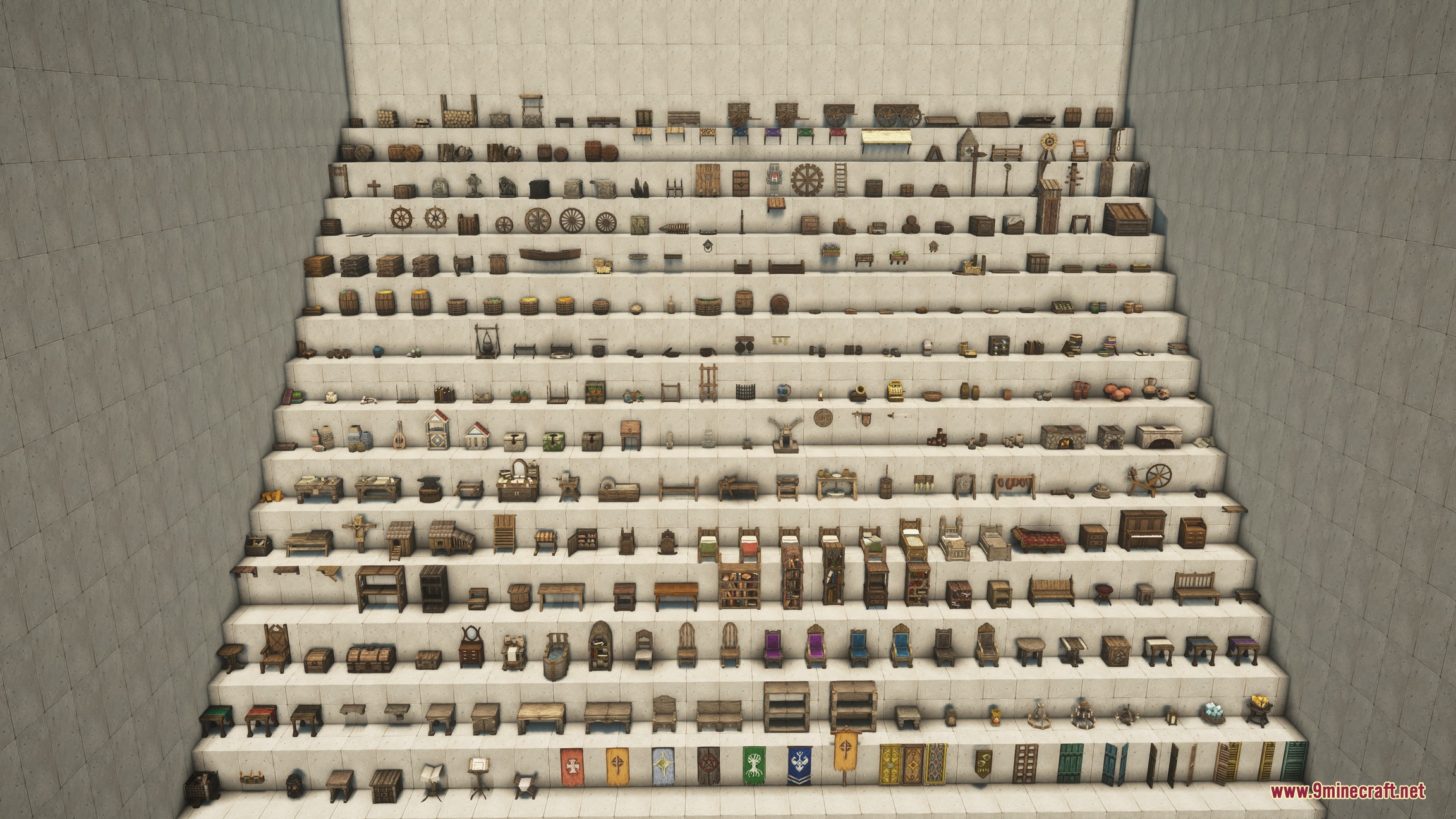 Believe Mod Screenshot 1 A massive collection of medieval furniture and decorations displayed on white stairs