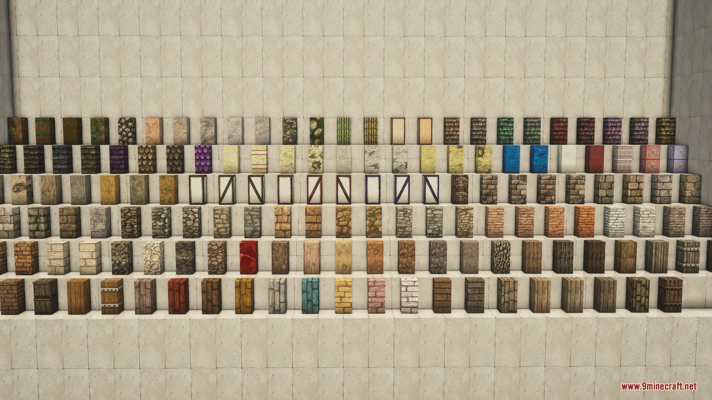 Believe Mod Screenshot 2 A wide variety of medieval building blocks and textures displayed on white stairs