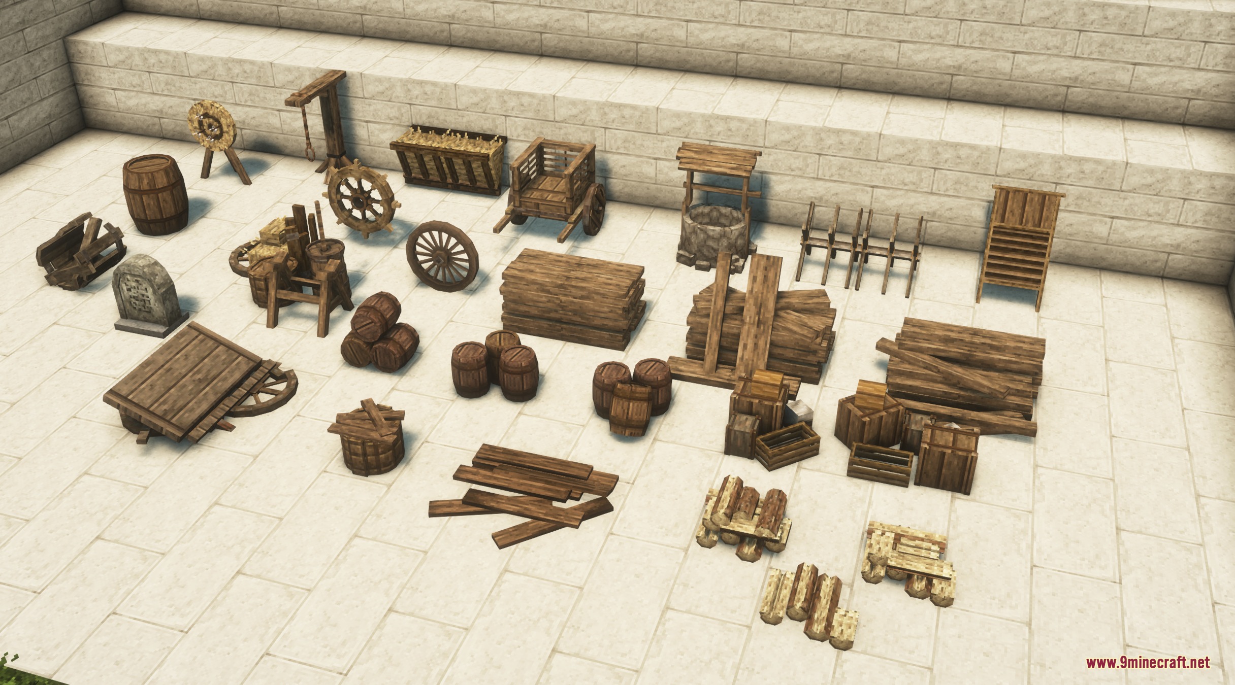 Believe Mod Screenshot 3 Rustic wooden barrels wheels and crates displayed on a light stone floor surface