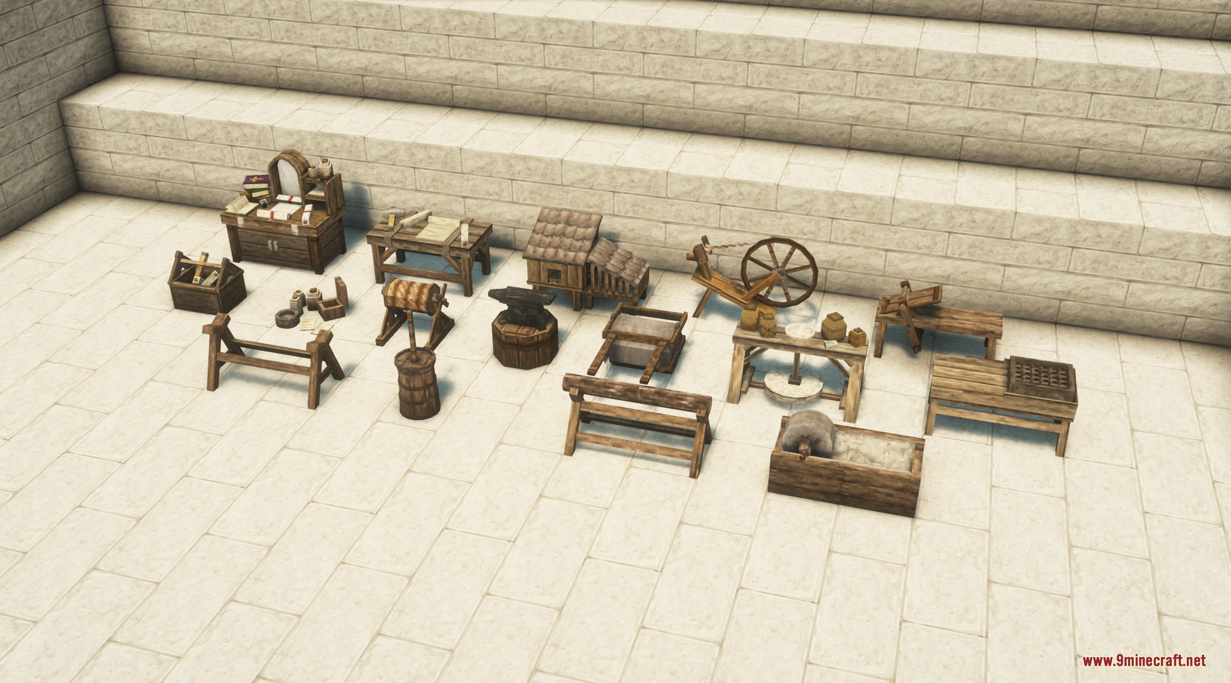 Believe Mod Screenshot 4 Medieval crafting stations including an anvil and spinning wheel on a stone floor