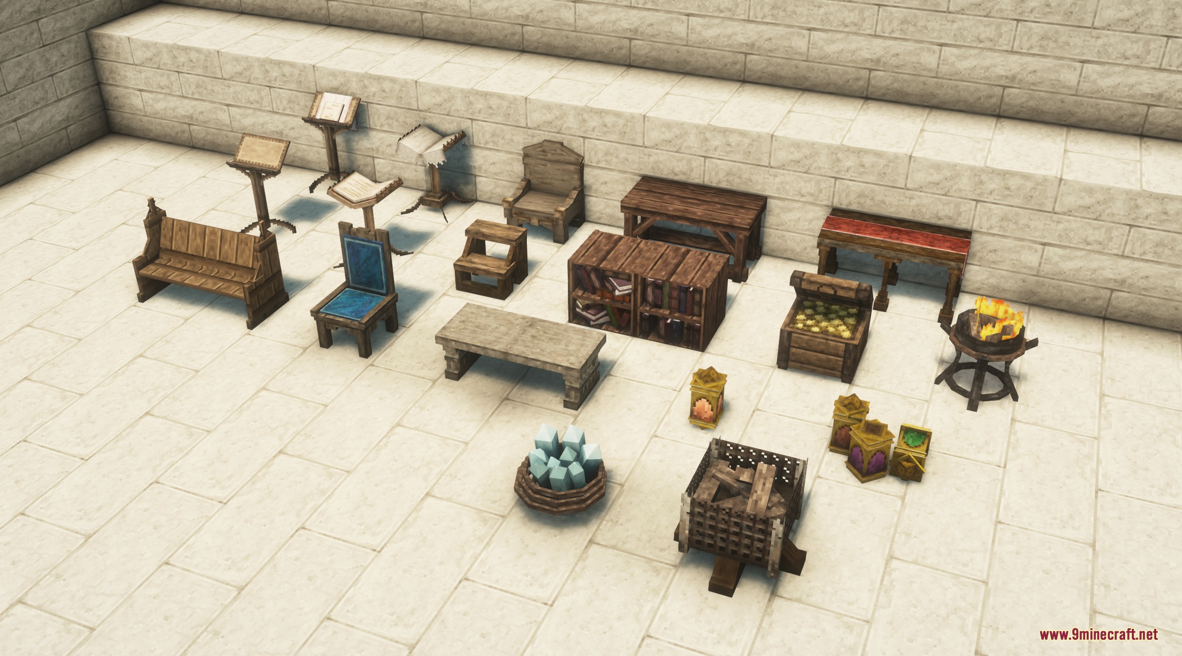 Believe Mod Screenshot 5 Detailed medieval furniture pieces including chairs and bookshelves on a stone floor