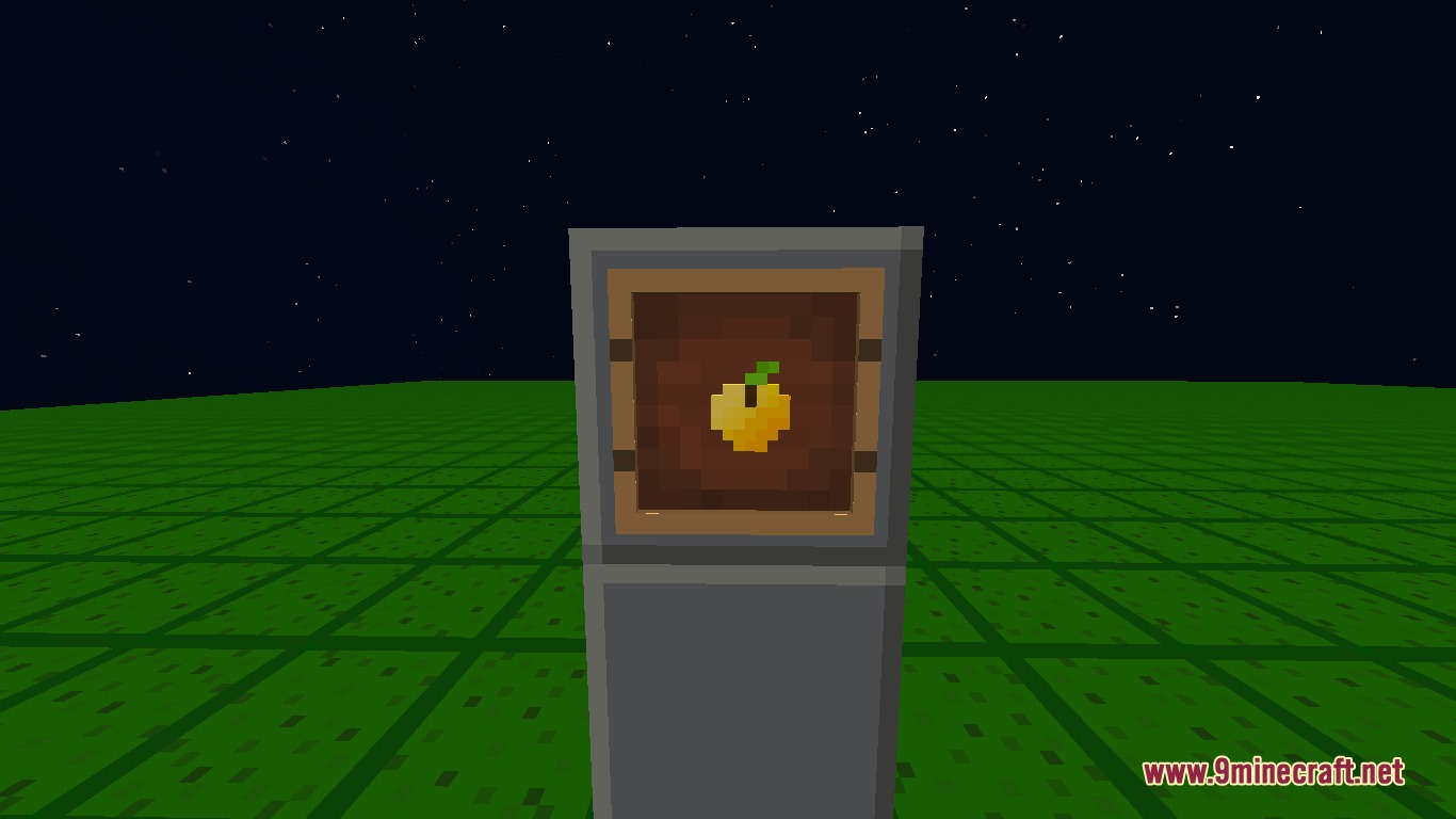 A golden apple in an item frame on a stone pillar at night