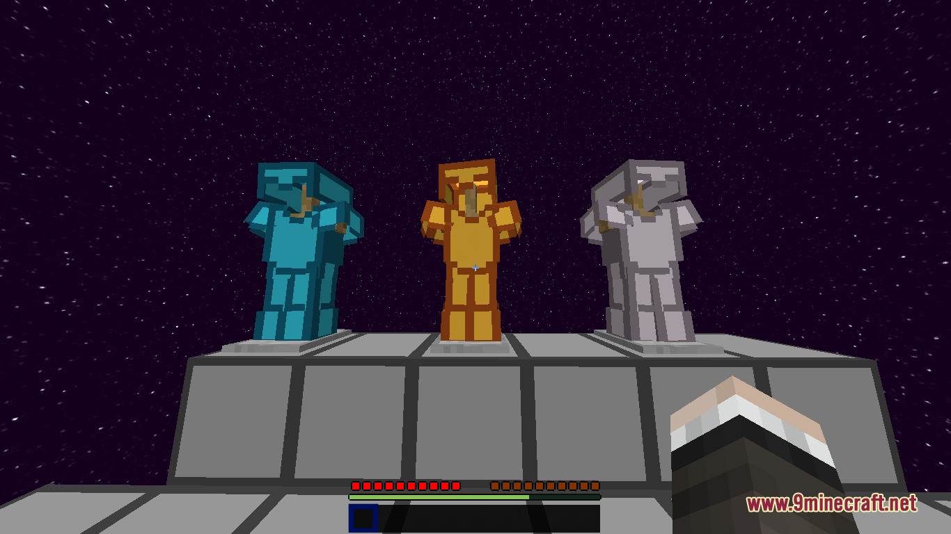 Three sets of armor on stands featuring the Berkao Bedwars Pack textures