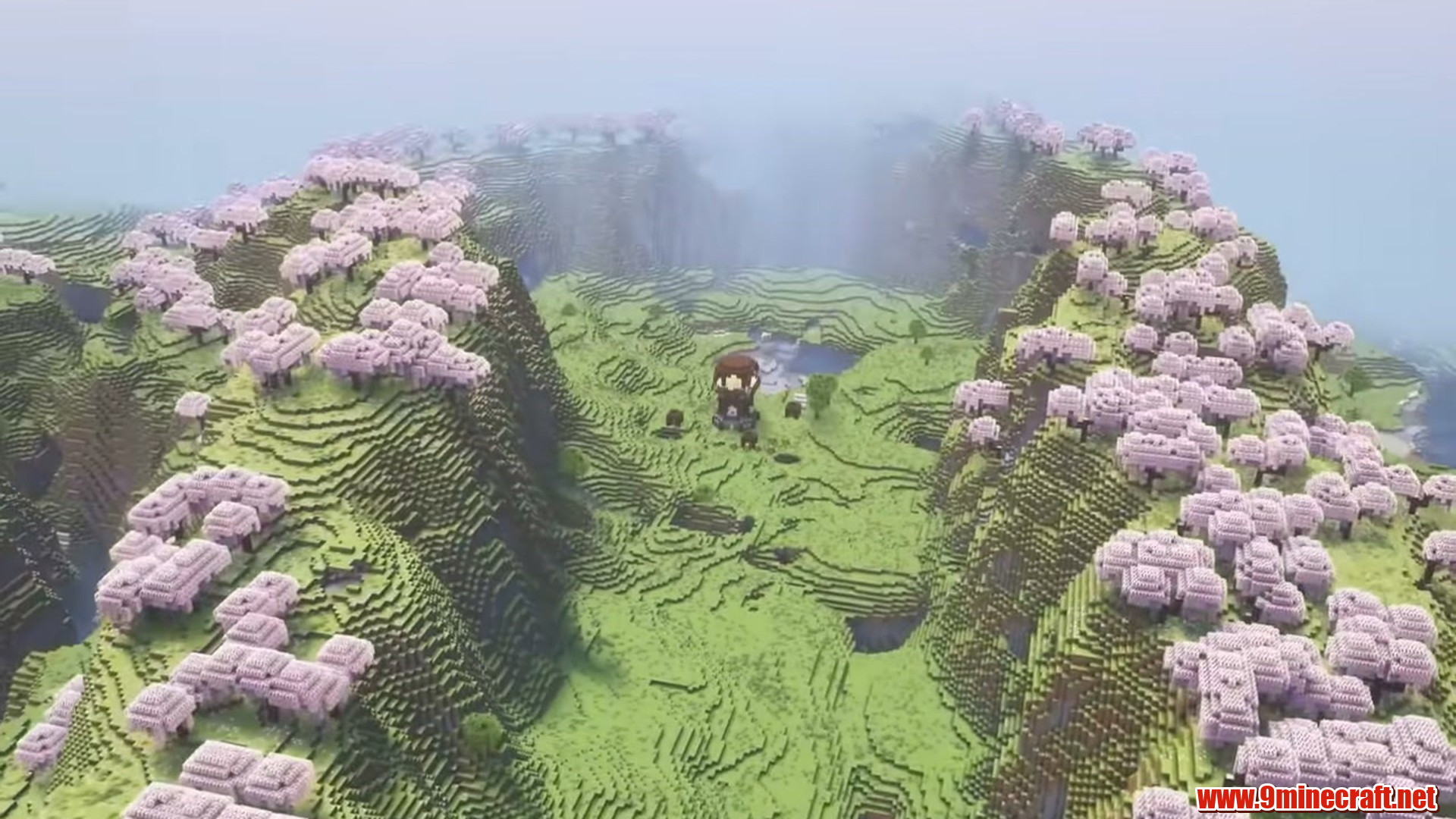Cherry Grove Outpost Valley in Minecraft seed 69420200482187368