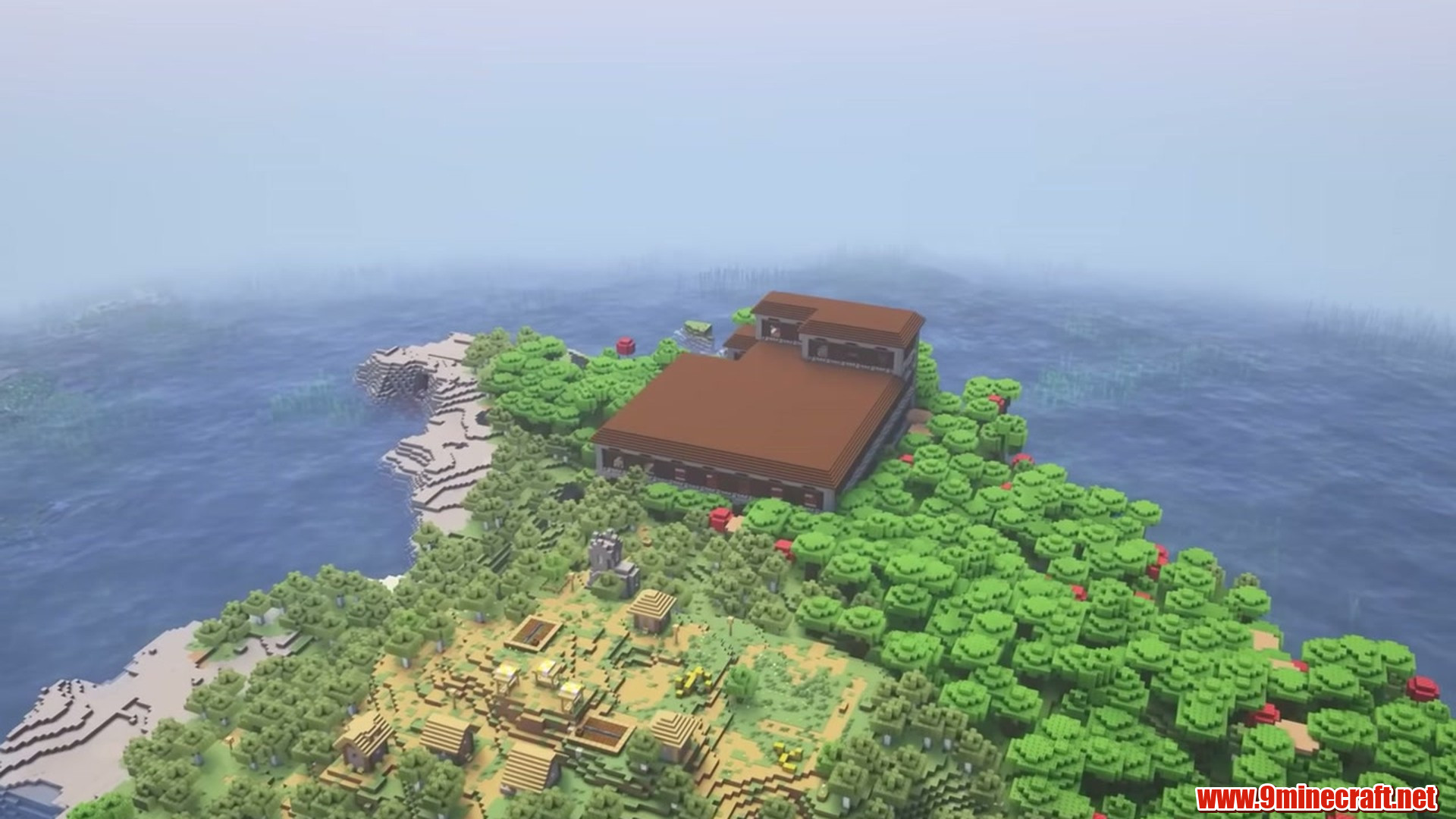 Mansion and Village Forest Island in Minecraft seed 6943110355911761