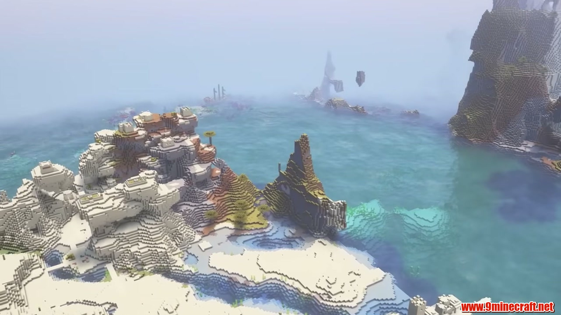 Snowy Coral Bay and Stone Spires in Minecraft seed 6942000025008659024
