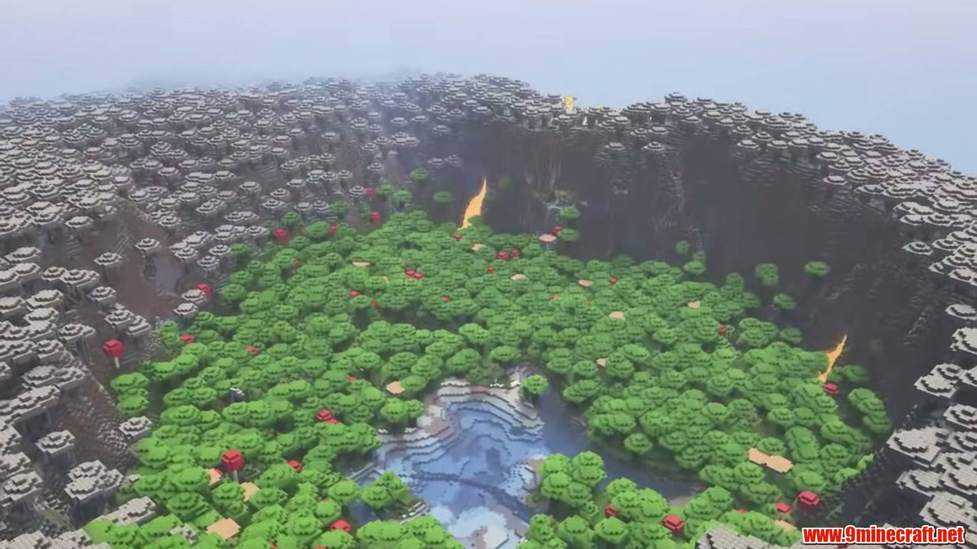 Mushroom Crater with Lavafalls in Minecraft seed 6942694271436705