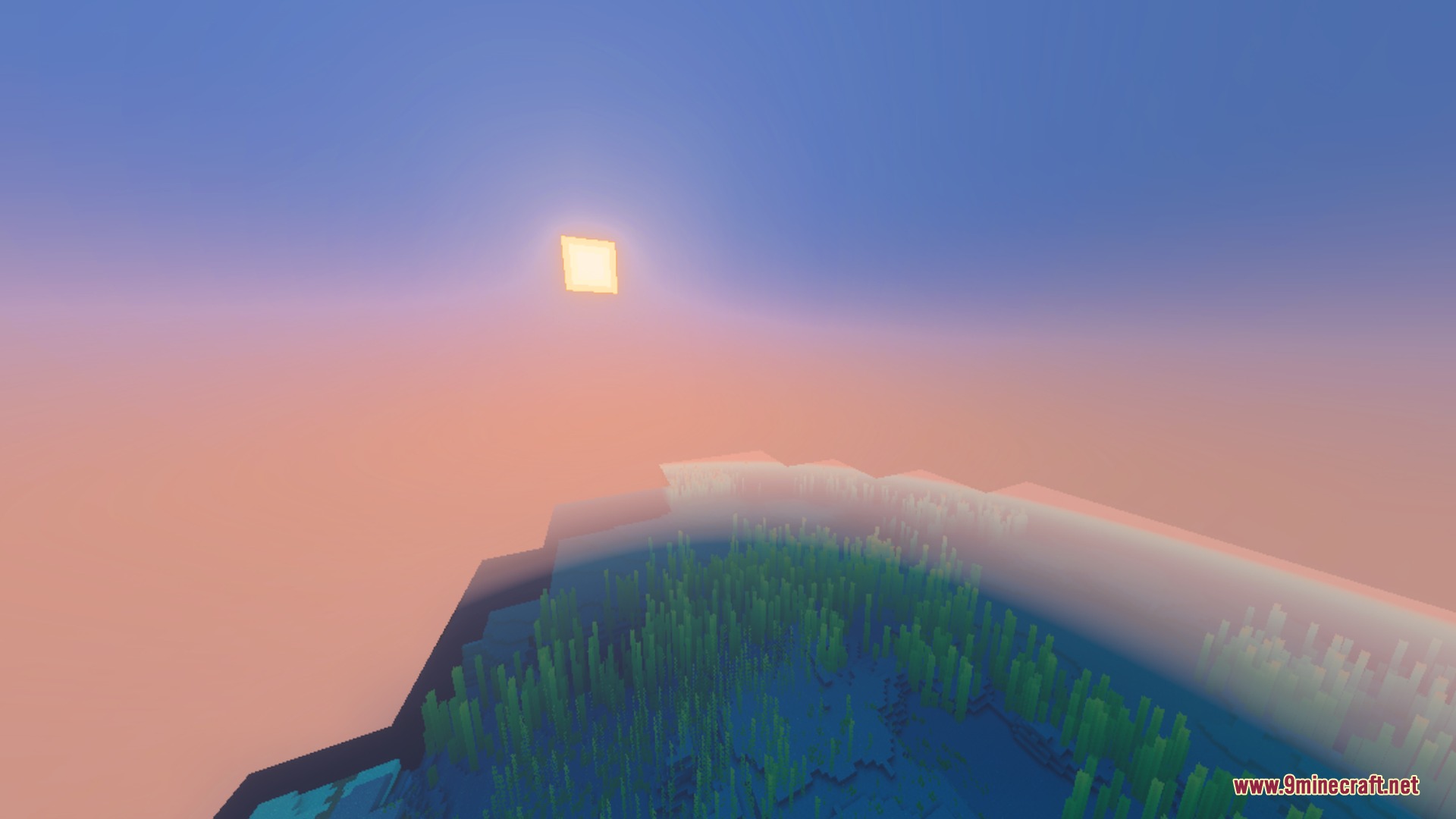 Better 3D Armors Shader Screenshot 1 The square sun sets over a vast ocean with green kelp visible