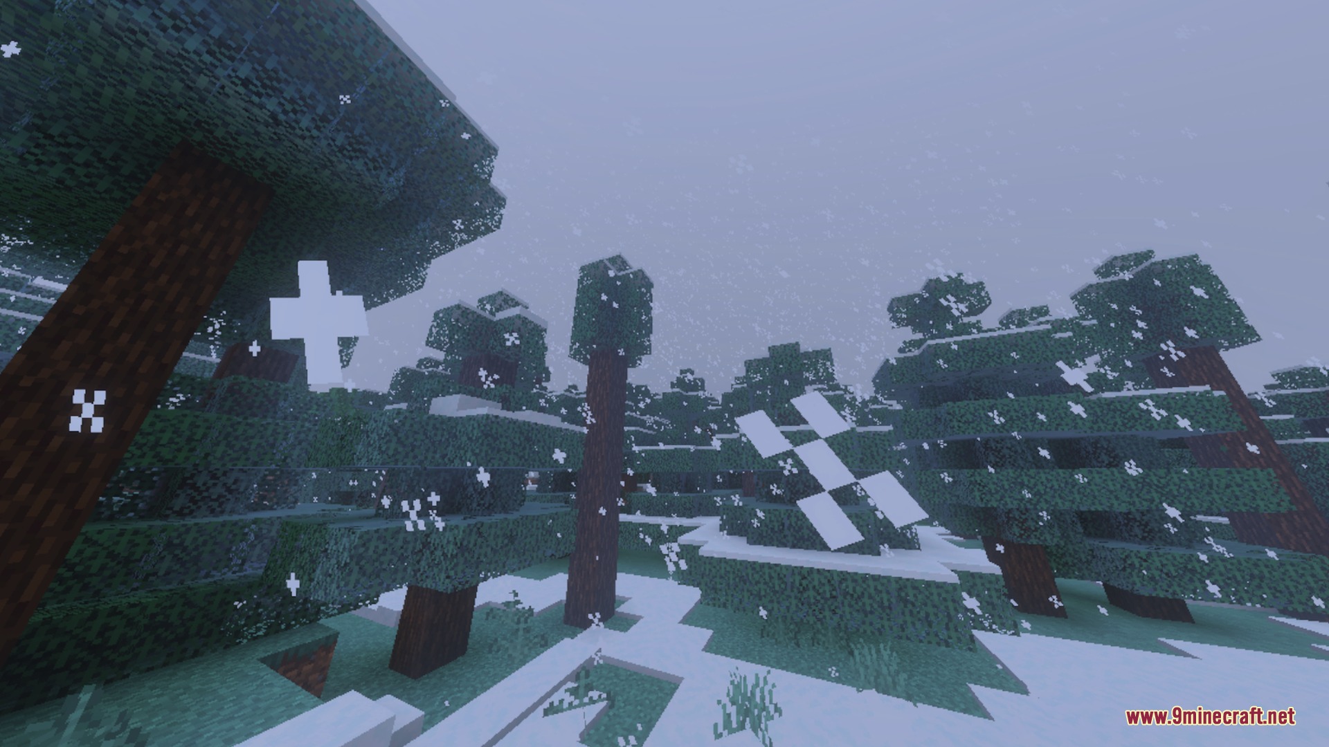 Better 3D Armors Shader Screenshot 10 Snow falling over a cold spruce forest with thick white ground cover