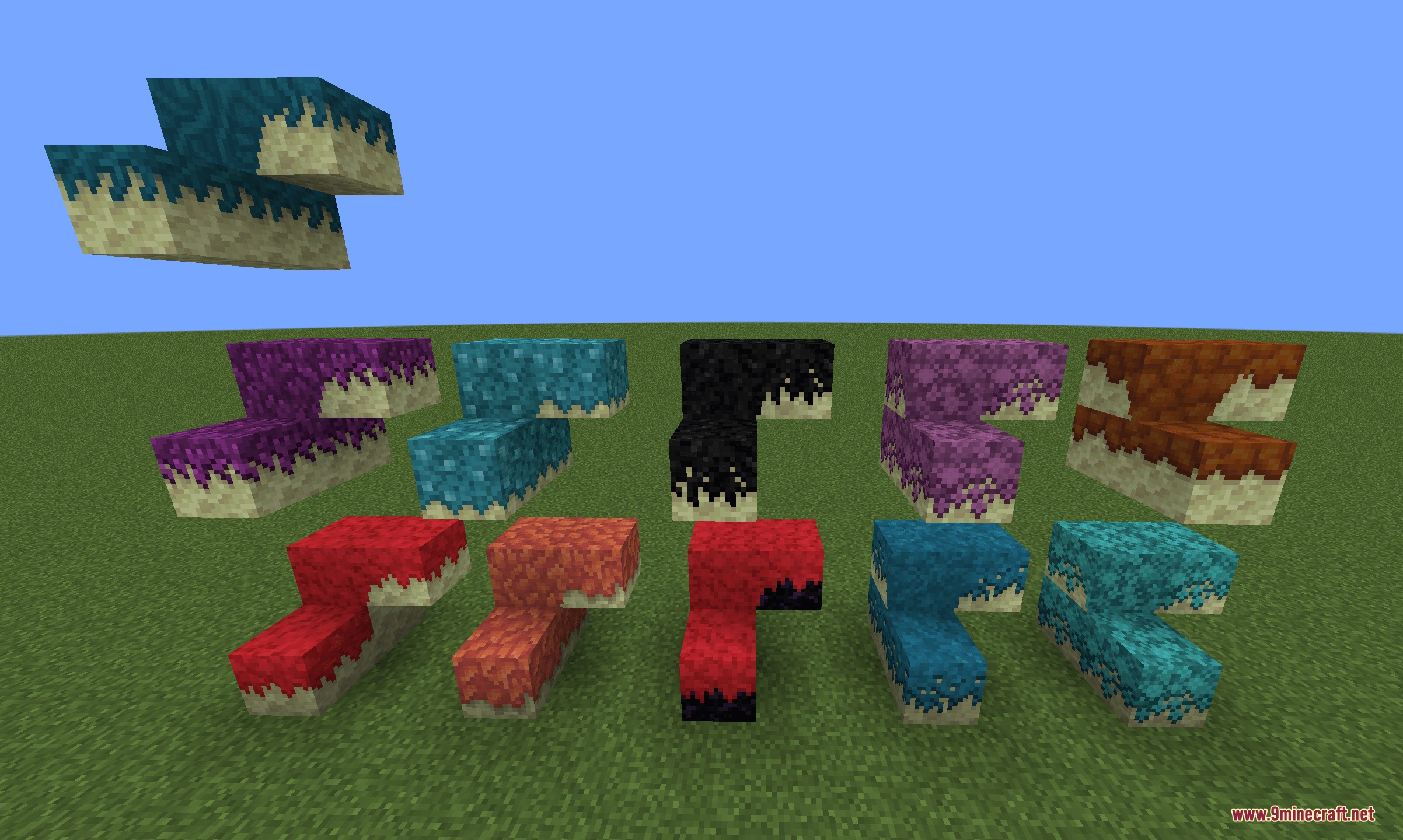 Various colored stairs and slabs with end stone textures on a grassy field