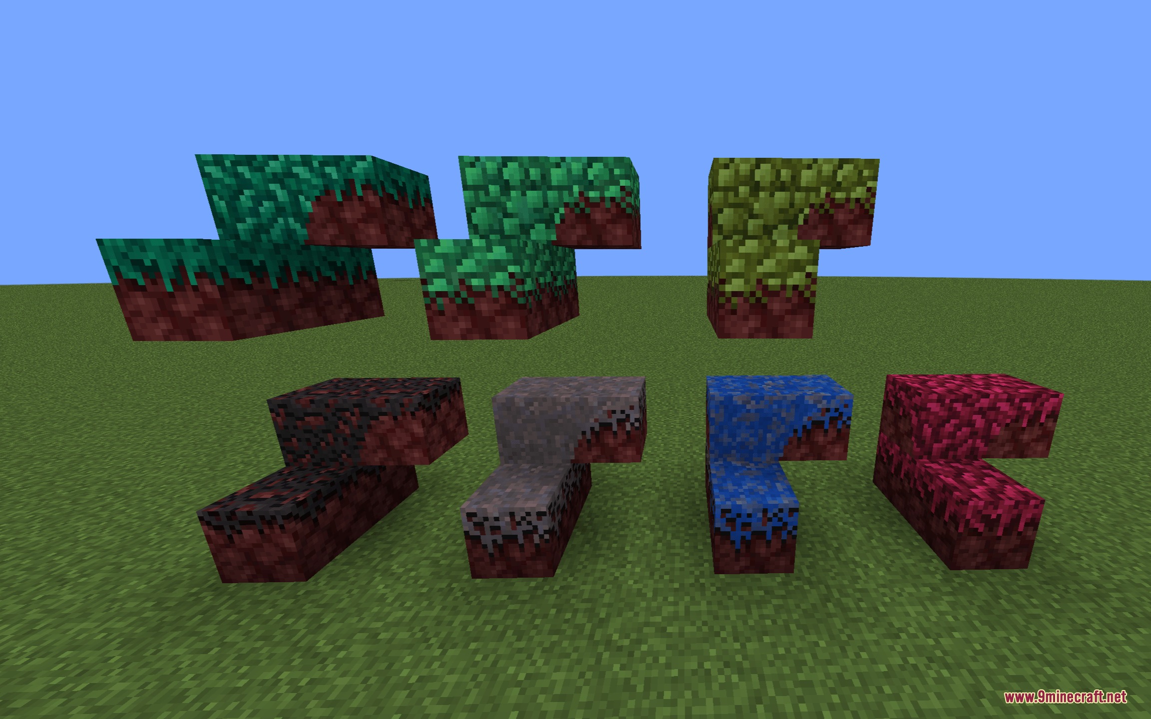 Different colored stairs and slabs with netherrack textures on a grassy field