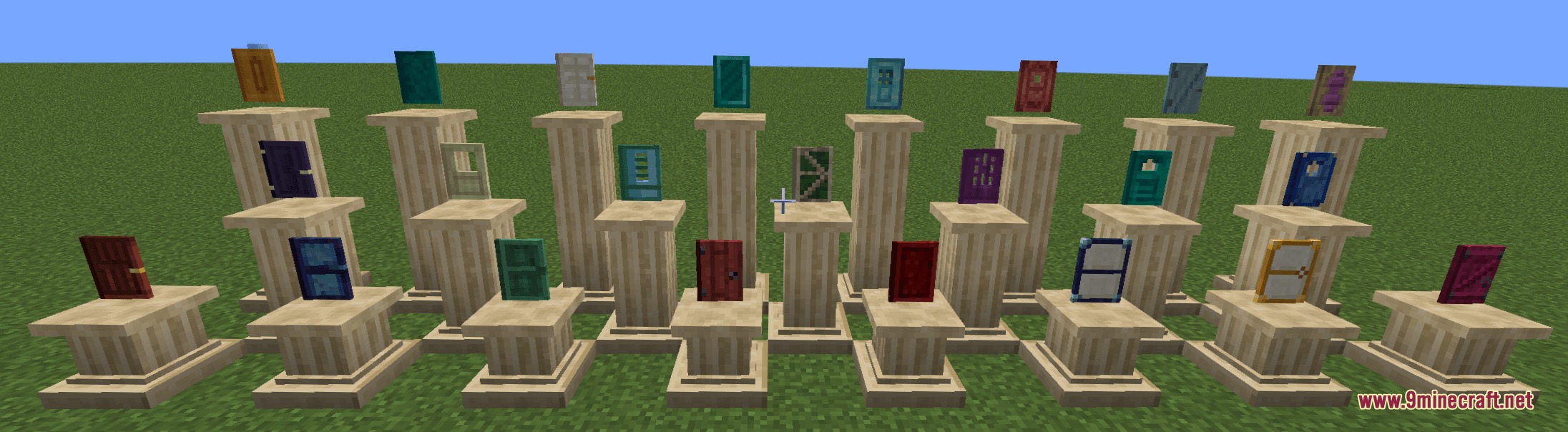 A collection of unique door designs displayed on stone pedestals in Minecraft