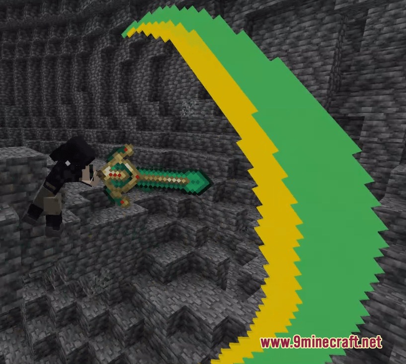 Better Combat Particle Enhancements Compact Resource Pack Screenshot 1 Player character swinging a green sword with a sharp green and yellow arc
