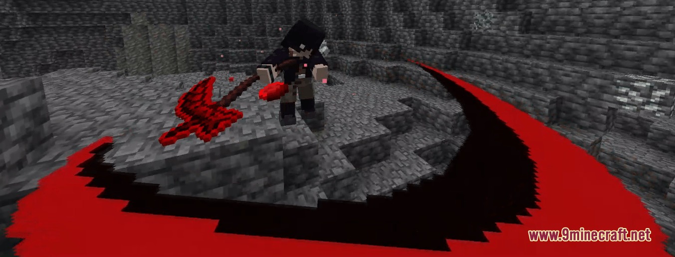 Better Combat Particle Enhancements Compact Resource Pack Screenshot 2 Minecraft player performs a scythe attack with a sharp red and black trail