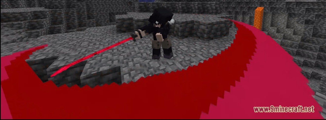 Better Combat Particle Enhancements Compact Resource Pack Screenshot 3 Minecraft character swings a red sword creating a sharp red attack particle trail