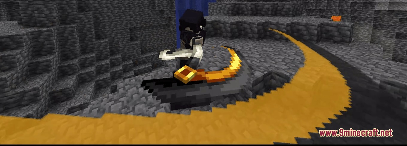 Better Combat Particle Enhancements Compact Resource Pack Screenshot 4 Player attacks with a golden scythe leaving a sharp yellow and black arc