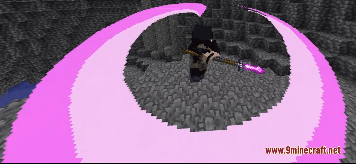 Better Combat Particle Enhancements Compact Resource Pack Screenshot 5 Minecraft character swinging a purple weapon with a large sharp pink attack trail