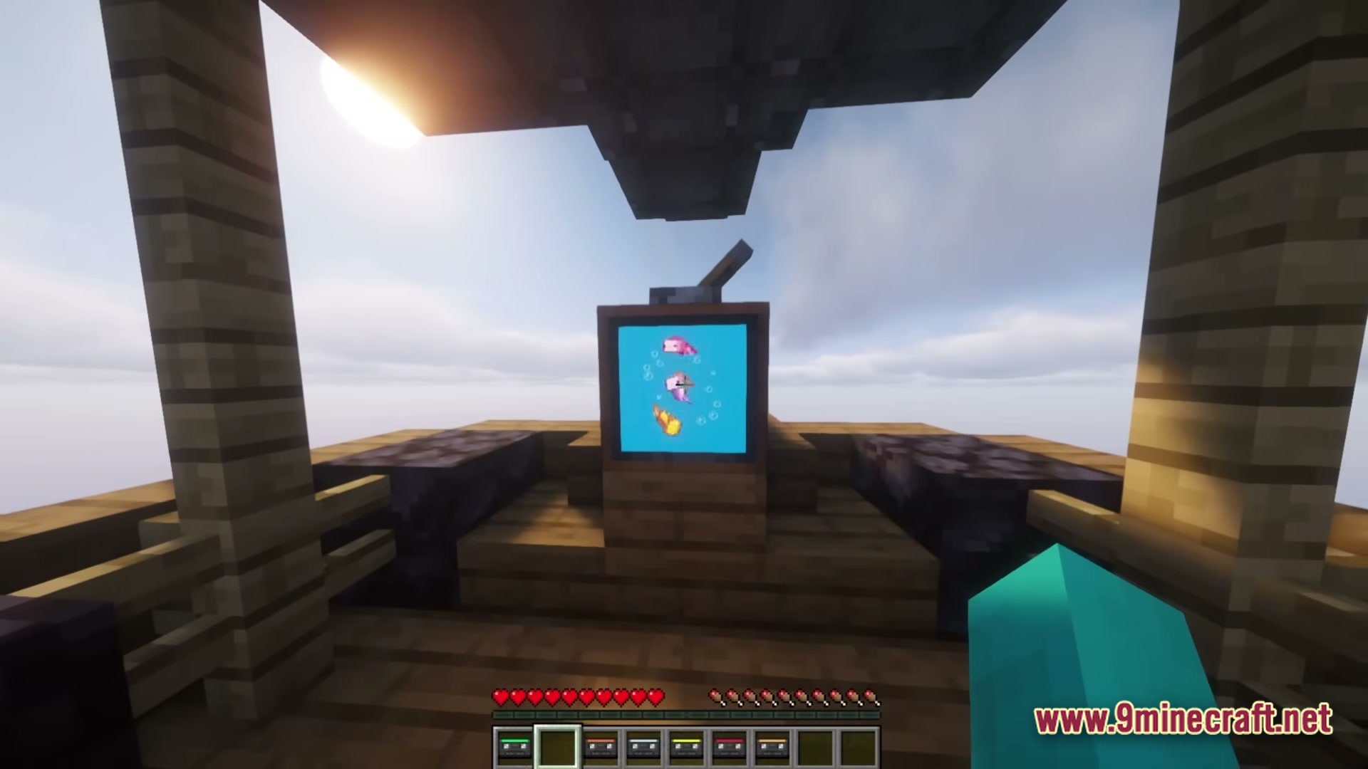 A wooden airship deck featuring a television screen displaying axolotls against a bright sky background