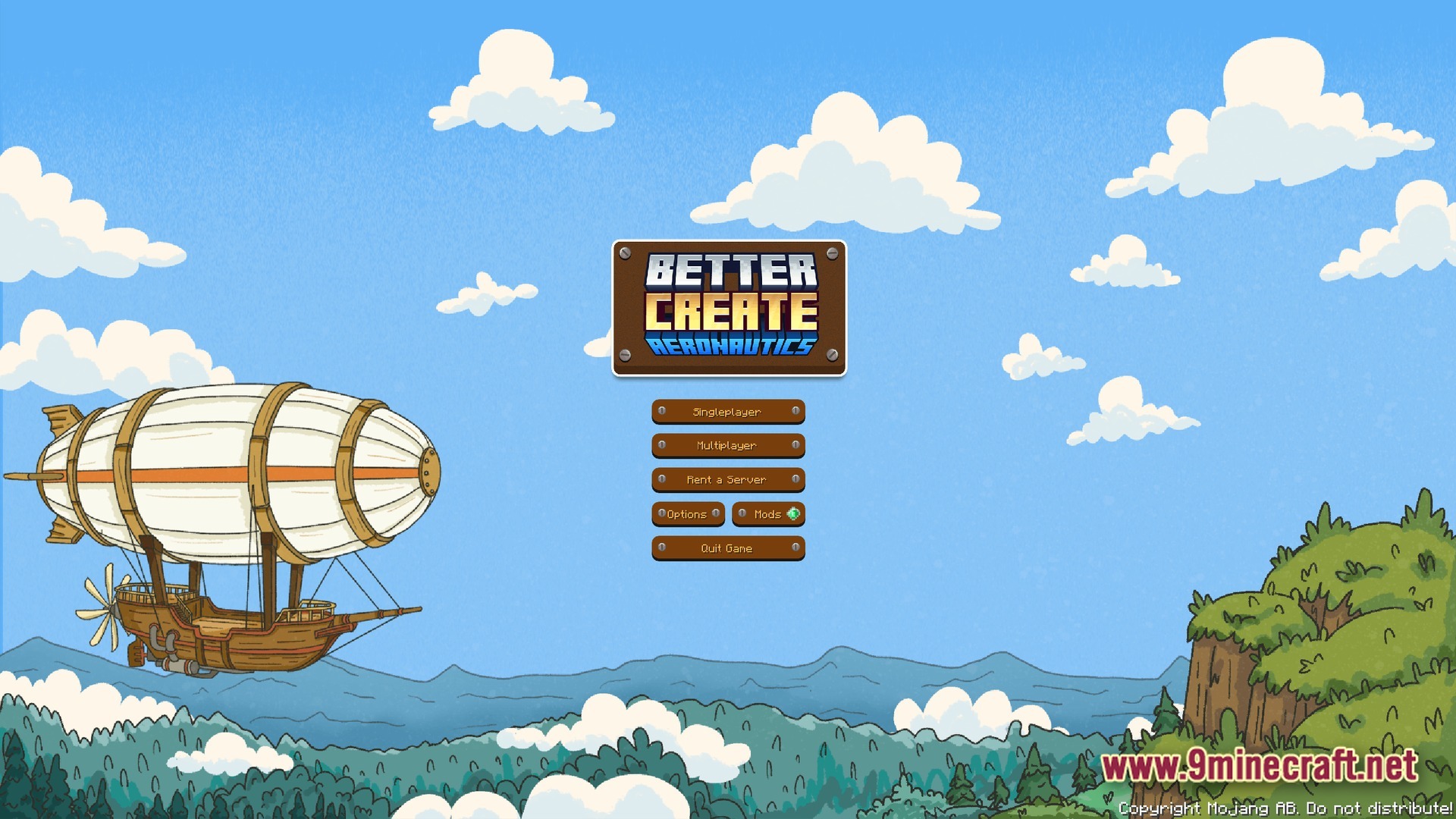 The main menu of the Better Create Aeronautics modpack featuring custom artwork and navigation buttons