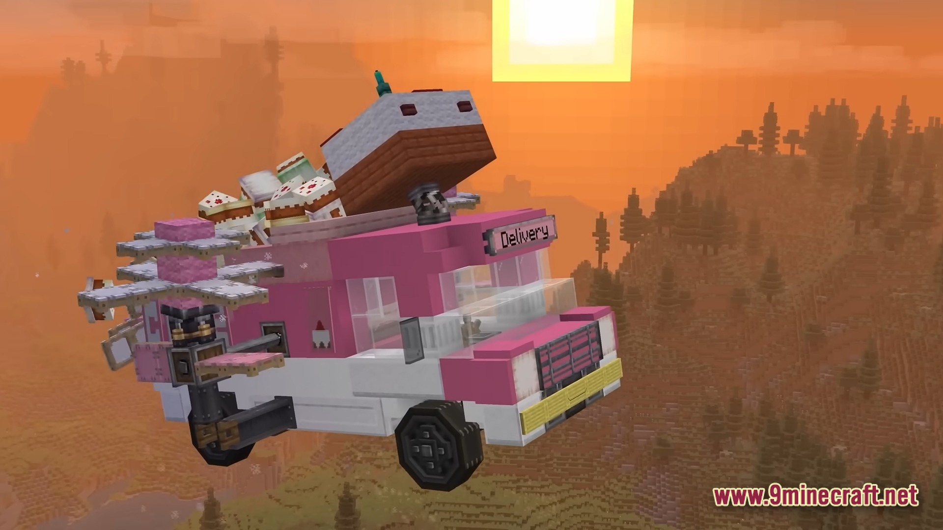 A pink flying delivery truck carrying various cakes flies over a forested biome at sunset